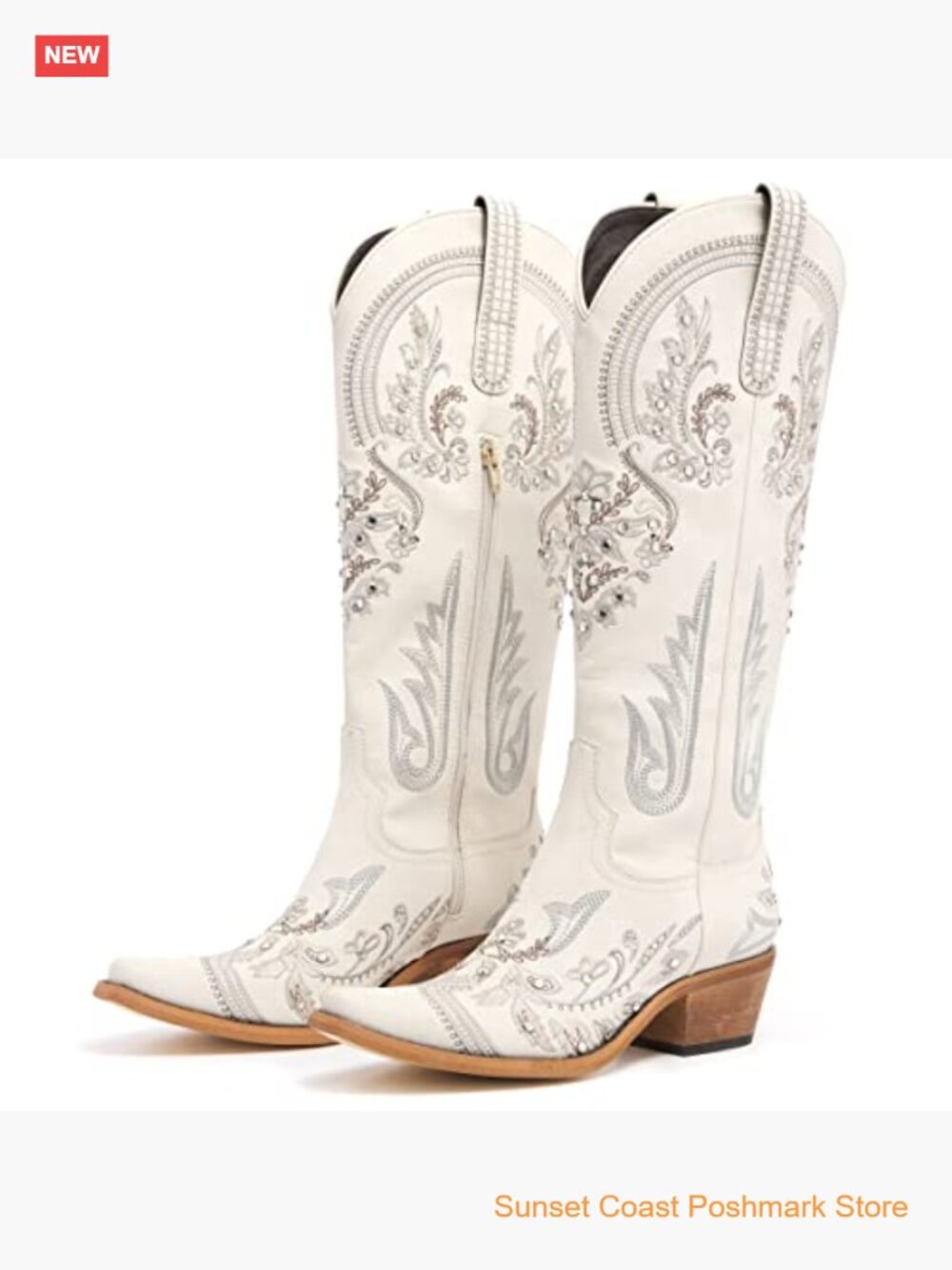 Embroidered Rhinestone Cowboy Boots Knee High Cowgirl Pointed Toe Chunky Heel - Picture 6 of 7